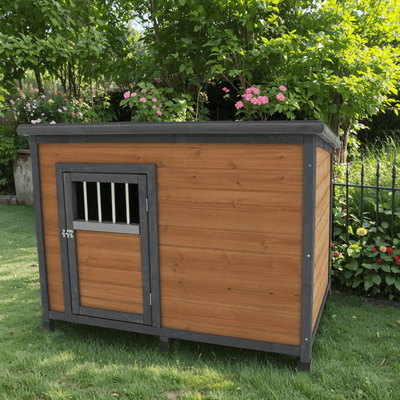 45" Large Solid Wood Dog House, Waterproof PVC Plastic Roof, outside view