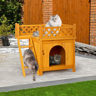 2-Story Wooden Feral Cat House Dog House for Outdoor and Indoor, Pet House with Stairs, Yellow7 of 9