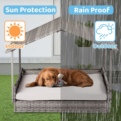 Wicker Dog House, Elevated Rattan Dog Bed with Canopy rain proof