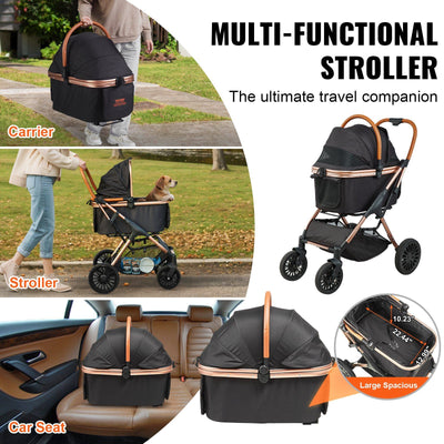 VEVOR Pet Stroller, 4 Wheels Dog Stroller Rotate with Brakes, 66 lbs. Weight Capacity, Puppy Stroller with Detachable Carrier, Storage Basket and Pet Pad, for Small to Medium Sized Dogs, Black - 5 of 7