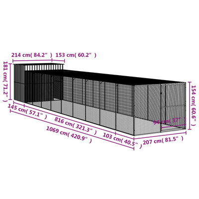 Dog House with Run Light Gray 84.3"x420.9"x71.3" Galvanized Steel dimensions