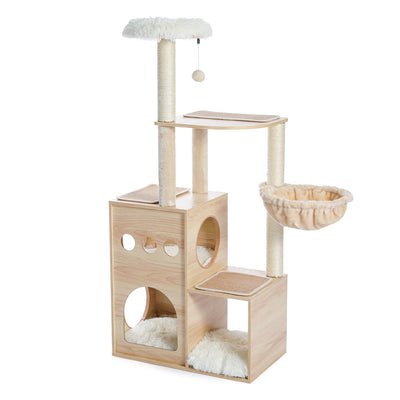 Modern Luxury Cat Tree Wooden Multi-Level Cat Tower Cat Sky Castle With 2 Cozy Condos;Cozy Perch;Spacious Hammock And Interactive Dangling Ball - 5 of 12