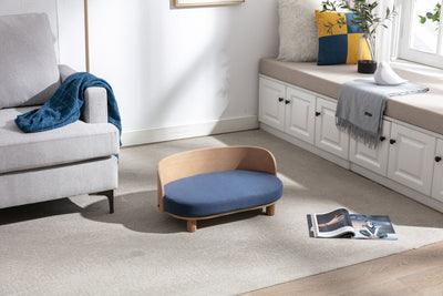 Scandinavian style Elevated Dog Bed Pet Sofa With Solid Wood legs and Bent Wood Back, Velvet Cushion, Walnut - Blue - 1 of 14