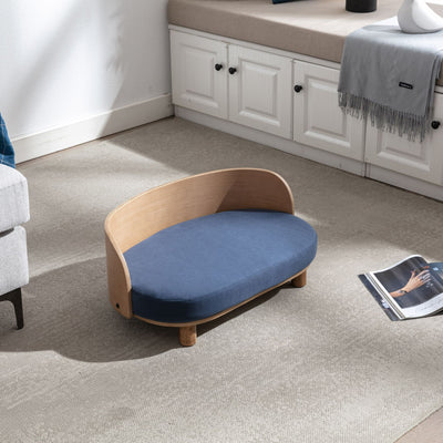 Scandinavian style Elevated Dog Bed Pet Sofa With Solid Wood legs and Bent Wood Back, Velvet Cushion, Walnut - Blue - 5 of 14