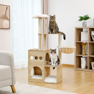 Modern Luxury Cat Tree Wooden Multi-Level Cat Tower Cat Sky Castle With 2 Cozy Condos;Cozy Perch;Spacious Hammock And Interactive Dangling Ball - 2 o 12