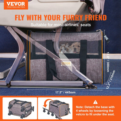 VEVOR Cat Carrier with Wheels, Airline Approved Rolling Pet Carrier with Telescopic Handle and Shoulder Strap, Dog Carrier with Wheels for Pets under 22 lbs., with 1 Folding Bowl, Grey - 2 of 7