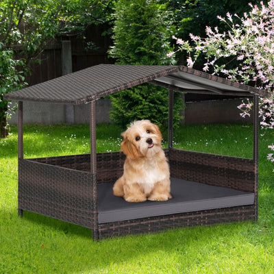 Outdoor Wicker Dog House with Weatherproof Roof Elevated bottom
