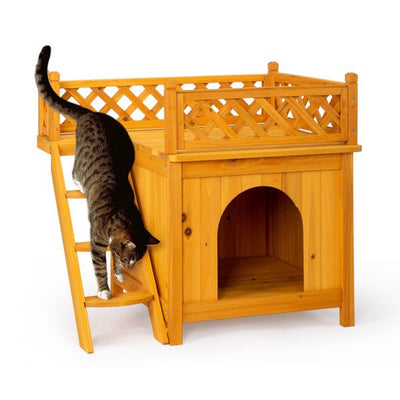 2-Story Wooden Feral Cat House Dog House for Outdoor and Indoor, Pet House with Stairs, Yellow2 of 9