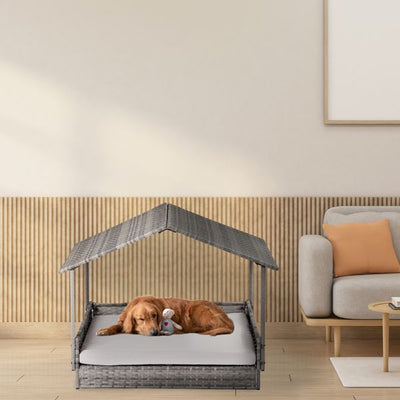 Wicker Dog House, Elevated Rattan Dog Bed with Canopy Indoor use