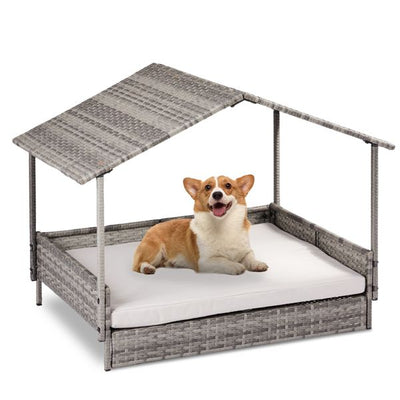 Wicker Dog House, Elevated Rattan Dog Bed with Canopy Main view