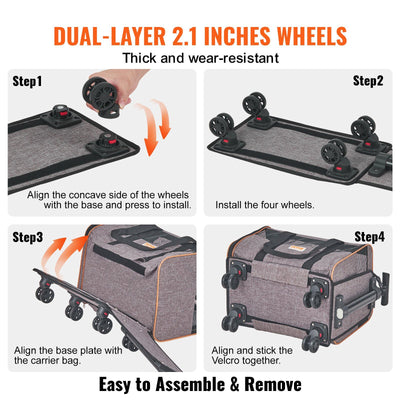 VEVOR Cat Carrier with Wheels, Airline Approved Rolling Pet Carrier with Telescopic Handle and Shoulder Strap, Dog Carrier with Wheels for Pets under 22 lbs., with 1 Folding Bowl, Grey - 4 of 7
