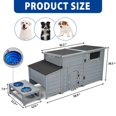 Wood Dog House, Outdoor Dog Kennel with Food Bowls, dimensions