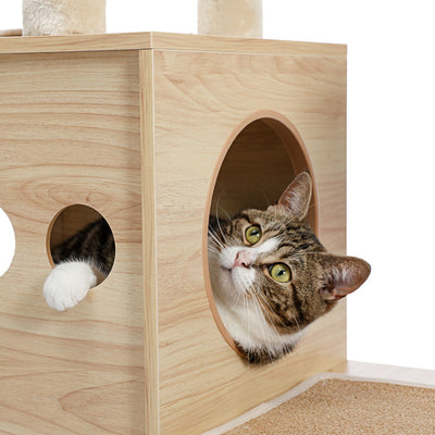 Modern Luxury Cat Tree Wooden Multi-Level Cat Tower Cat Sky Castle With 2 Cozy Condos;Cozy Perch;Spacious Hammock And Interactive Dangling Ball - 10 of 12