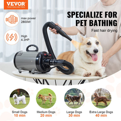 VEVOR Dog Dryer, 2800W/4.3HP Dog Blow Dryer, Pet Grooming Dryer with Adjustable Speed and Temperature Control, Pet Hair Dryer with 4 Nozzles and Extendable Hose, Grey and Black - 2 of 6