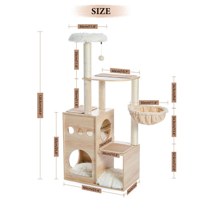 Modern Luxury Cat Tree Wooden Multi-Level Cat Tower Cat Sky Castle With 2 Cozy Condos;Cozy Perch;Spacious Hammock And Interactive Dangling Ball - 8 of 12