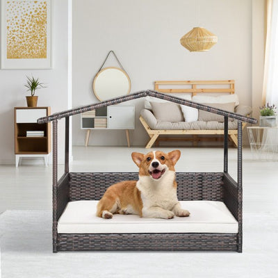 Outdoor Wicker Dog House with Weatherproof Roof in living space