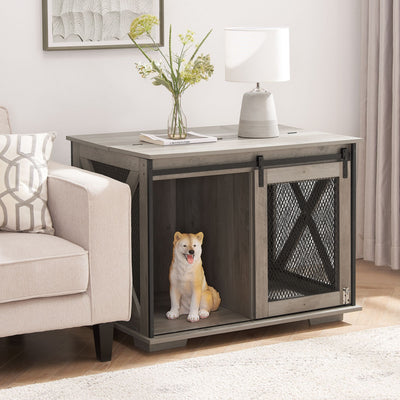 furniture dog crate in home with dog