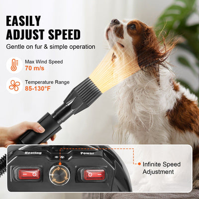 VEVOR Dog Dryer, 2800W/4.3HP Dog Blow Dryer, Pet Grooming Dryer with Adjustable Speed and Temperature Control, Pet Hair Dryer with 4 Nozzles and Extendable Hose, Grey and Black - 4 of 6