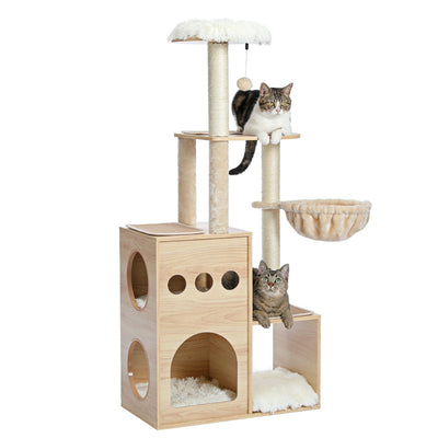 Modern Luxury Cat Tree Wooden Multi-Level Cat Tower Cat Sky Castle With 2 Cozy Condos;Cozy Perch;Spacious Hammock And Interactive Dangling Ball - 4 o 12