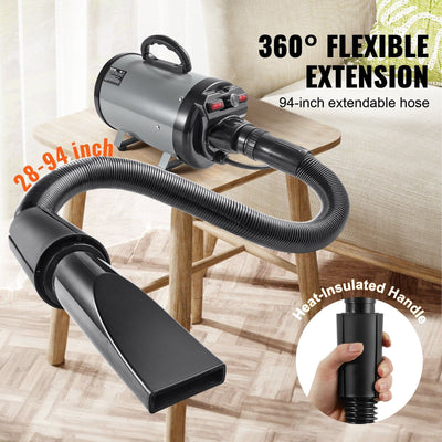 VEVOR Dog Dryer, 2800W/4.3HP Dog Blow Dryer, Pet Grooming Dryer with Adjustable Speed and Temperature Control, Pet Hair Dryer with 4 Nozzles and Extendable Hose, Grey and Black - 5 of 6