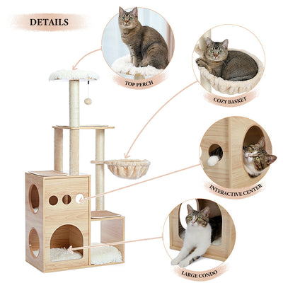 Modern Luxury Cat Tree Wooden Multi-Level Cat Tower Cat Sky Castle With 2 Cozy Condos;Cozy Perch;Spacious Hammock And Interactive Dangling Ball - 7 of 12