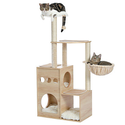 Modern Luxury Cat Tree Wooden Multi-Level Cat Tower Cat Sky Castle With 2 Cozy Condos;Cozy Perch;Spacious Hammock And Interactive Dangling Ball - 3 o 12