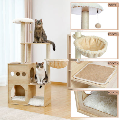 Modern Luxury Cat Tree Wooden Multi-Level Cat Tower Cat Sky Castle With 2 Cozy Condos;Cozy Perch;Spacious Hammock And Interactive Dangling Ball - 1 o 12