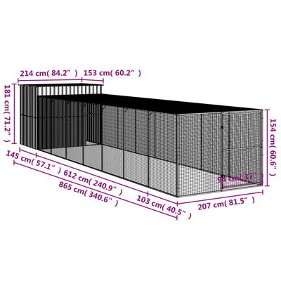 Dog House with Run Light Gray 84.3"x340.6"x71.3" dimensions