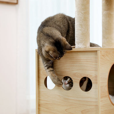 Modern Luxury Cat Tree Wooden Multi-Level Cat Tower Cat Sky Castle With 2 Cozy Condos;Cozy Perch;Spacious Hammock And Interactive Dangling Ball - 9 of 12