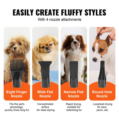 VEVOR Dog Dryer, 2800W/4.3HP Dog Blow Dryer, Pet Grooming Dryer with Adjustable Speed and Temperature Control, Pet Hair Dryer with 4 Nozzles and Extendable Hose, Grey and Black - 6 of 6